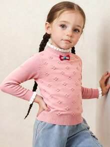 Suéter para niña, estilo coreano casual, tejido de punto con flores en relieve, corte holgado, cuello redondo, manga larga, para otoño/invierno, uso diario - Rosa - Ver 1