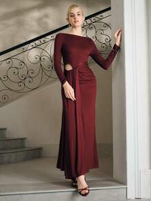 Anewsta Vestido largo de manga larga, cuello redondo y ajustado con lazo, color burdeos, nueva llegada para otoño - Burdeos - Ver 7