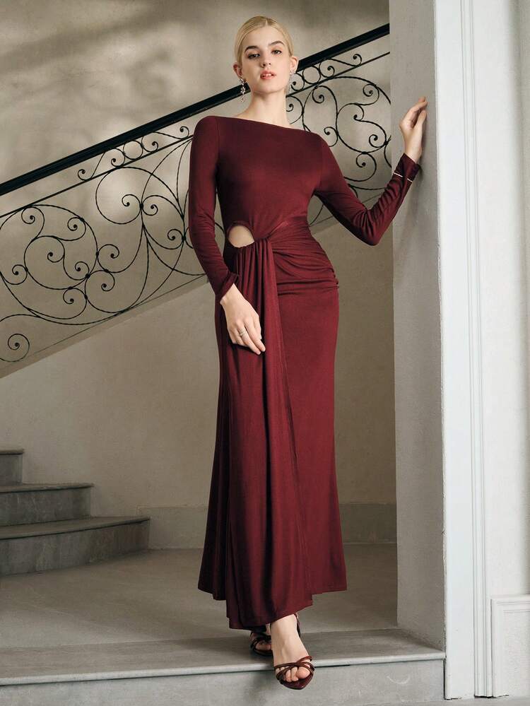 Women's Burgundy Round Neck Long Sleeve Fitted Tie-Up Long Dress, New Arrival For Autumn