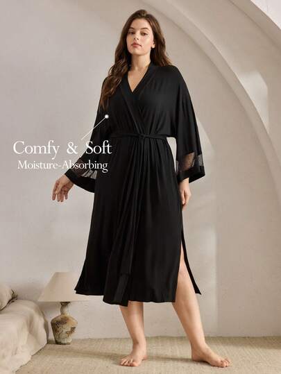 Ocili 加大码舒适棉质蕾丝波浪纹柔软休闲时尚秋季轻松舒适睡袍，冬季