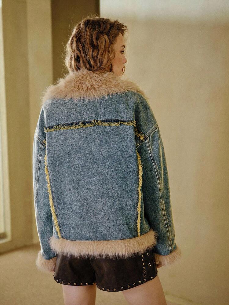 MOTF STUDIO CONTRAST FAUX FUR TRIM RAW HEM DENIM JACKET