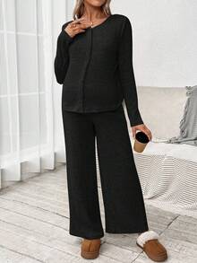 SHEIN 3pcs Maternity Set: Casual Solid Color Camisole, Long Sleeve Jacket, And Pants Maternity Clothes Two Piece Suits Comfortable Two Piece Set 2 Piece Lounge Sets Woman Two Piece Set Women Comfy Maternity Jumpsuits For Woman Maternity Lounge Sets Maternity Pajamas Set - Black - View 8