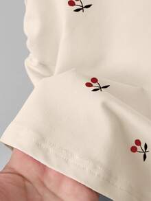 Resyla 女士时尚百搭修身褶皱腰短袖上衣，樱桃印花，夏季 - 杏色 - 查看 4