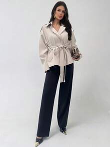 Firerie 女士休闲优雅杏色修身风衣/亚麻质感外套，秋冬外套，适合通勤和外出穿着/秋冬女装/通勤装/教师装/返校季/复古风/商务休闲女装/女性办公室着装/老钱风/知性优雅/秋冬优雅穿搭/职业装/杏色灰外套/舒适秋冬外套 - 卡其色 - 查看 7