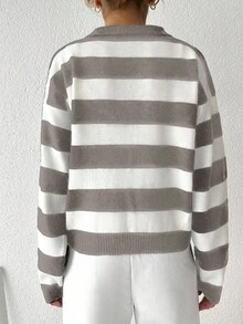 Sweater De Rayas De Manga Larga Con Cuello En V Para Mujeres