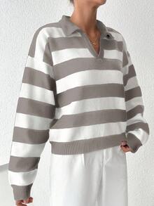 Sweater De Rayas De Manga Larga Con Cuello En V Para Mujeres