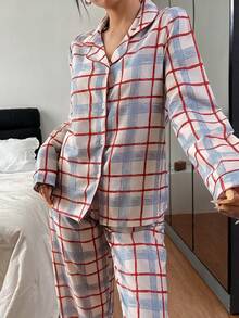 SHEIN 2pcs Women Textured Red & Blue Plaid Print Lapel Long Sleeve Pajama Set, Winter Clothes - Multicolor - View 1