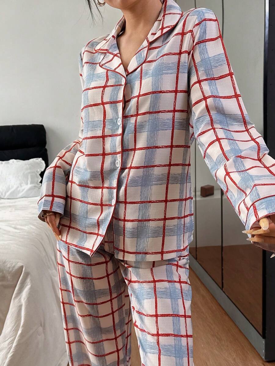 SHEIN 2pcs Women Textured Red & Blue Plaid Print Lapel Long Sleeve Pajama Set, Winter Clothes - Multicolor - View 1