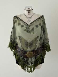 Sunspun 优雅度假风波西米亚风雪纺褶皱扎染印花拼接流苏边披肩上衣，春夏秋季 - 彩色 - 查看 1