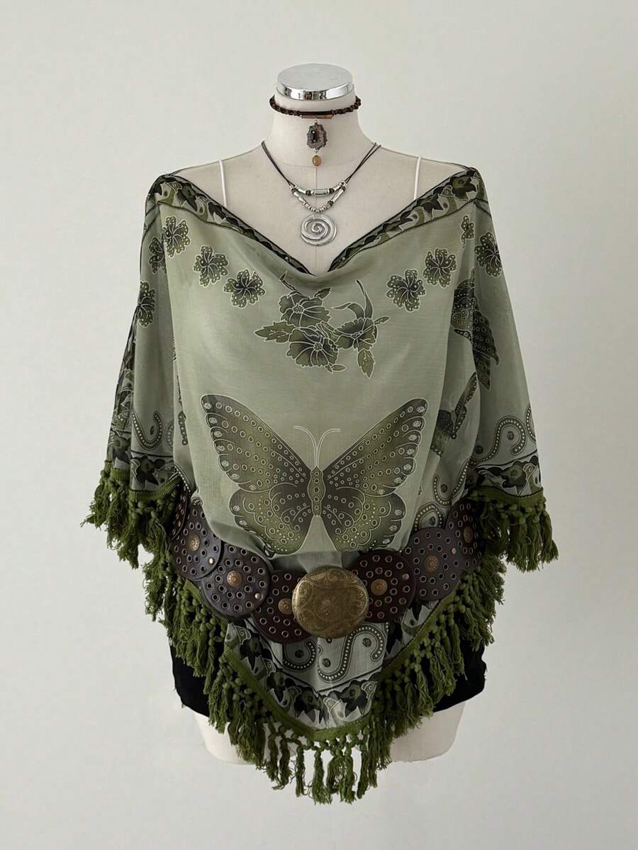 Sunspun 优雅度假风波西米亚风雪纺褶皱扎染印花拼接流苏边披肩上衣，春夏秋季 - 彩色 - 查看 1