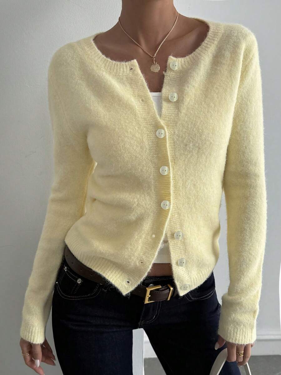 DAZY 女士圆领度假风长袖休闲针织开衫 Y2k - 黃色 - 查看 1