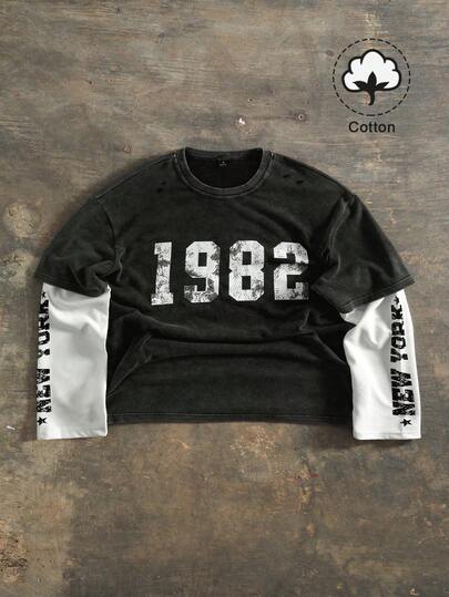 Manfinity Sporsity Maglietta a maniche lunghe da uomo con vestibilità ampia, 2 in 1, collo tondo, lavaggio vintage con stampa, design con numero grande, stile casual da strada, autunno/inverno