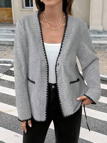 Serisse Women's Casual Commuter V-Neck Contrast Binding Patchwork Pocket Belted Jacket Winter Spring - Grey - View 5