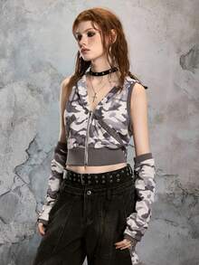 ROMWE Avant 街头风时尚迷彩连帽夹克，铆钉兔耳背心，修身款 - 彩色 - 查看 4