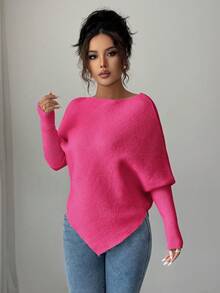 Elenzga Áo len dệt kim cổ tròn tay cánh dơi không đều dành cho nữ, thanh lịch, đa năng cho kỳ nghỉ và ngày lễ, mùa xuân/thu/đông - Màu Hồng Tươi - Xem 3