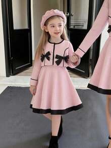 Elladie kids 两件套女童无袖连衣裙和长袖蝴蝶结装饰外套套装 - 粉色 - 查看 1