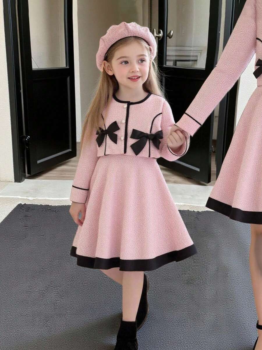 Elladie kids 两件套女童无袖连衣裙和长袖蝴蝶结装饰外套套装 - 粉色 - 查看 1