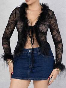 Melissa Matos Women's Sexy Lace Sheer With Fluffy Patchwork Tie Waist Women Top Y2K Outfit  Fall Cloth For Women - Black - View 4