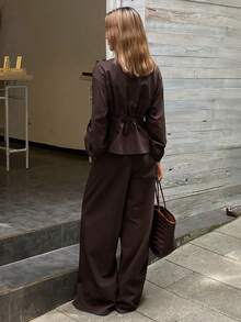 Livesso 女士高领收腰宽松上衣和休闲裤两件套，秋冬女士家居服套装 - 棕色 - 查看 2