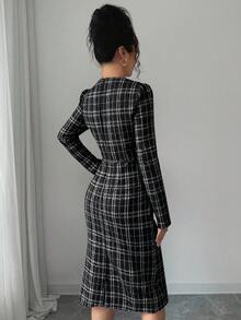 Elenzga Váy dệt kim cổ tròn ôm sát eo đa năng thời trang thu đông dành cho nữ - màu đen - Xem 2
