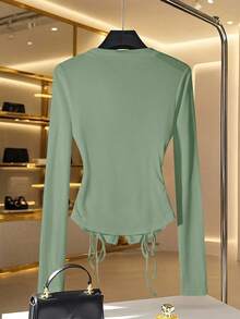 Franclia 时尚法式风情侧边收腰不对称领金属拉链白色女士长袖T恤，春秋季 - 綠色 - 查看 2