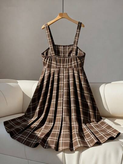 GlowEve CURVE 加大码女式棉质格子秋冬棕色巧克力格子印花吊带连衣裙，时尚新年交叉肩带设计优雅休闲加大码连衣裙，适合返校、毕业、假期、情人节、音乐节、母亲节、万圣节、感恩节、复活节、国庆节、舞会、约会、派对、婚礼、郊游等场合。