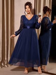 Cravure 女士优雅蕾丝V领长袖雪纺连衣裙 - 藍色 - 查看 3