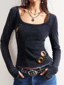 Bohemela Boho Winter Christmas New Year Valentine's Day Music Festival Metal Eyelet Rivet Y2K Casual Retro Solid Color Knit Long Sleeve Fitted Women T-Shirt,Black Top - Black - View 2