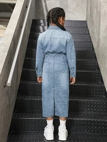 Sparklyn Girls' New Blue Washed Denim Dress With Front & Back Slits, Casual Fitted Style, Suitable For Daily Wear, Minimalist & Fashionable Design - Light Wash - View 2