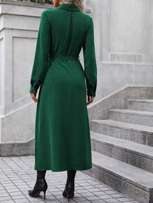 EMERY ROSE Solid Button Front Belted Shirt Dress Maxi Women Outfit - Dark Green - View 2