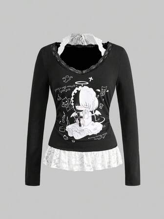 Kawaii Maglietta a maniche lunghe con stampa di angelo medico fata yandere da anime, con inserti in pizzo