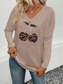 EMERY ROSE 女式 V 领荷叶边袖口、畅销字母和樱桃印花休闲长袖 T 恤 - 彩色 - 查看 5