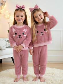 SHEIN 2pcs Young Girl Young Girl Cartoon Animal Cute Expression Applique Thermal Lined Crew Neck Long Sleeve Hoodie Sweatshirt And Elastic Waist Plush Pants Warm Outfit, Autumn/Winter Young Girl Warm Sets Toddler 2 Piece Winter Fur Clothing Young Girl Winter Clothes Cozy Young Girl Winter Set Kids Winter Clothes,For Christmas. - Pink - View 1