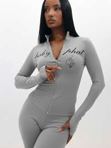 BABYPHAT Áo thun dài tay có khóa kéo in chữ và họa tiết gân cho trang phục thường ngày - Xám - Xem 8