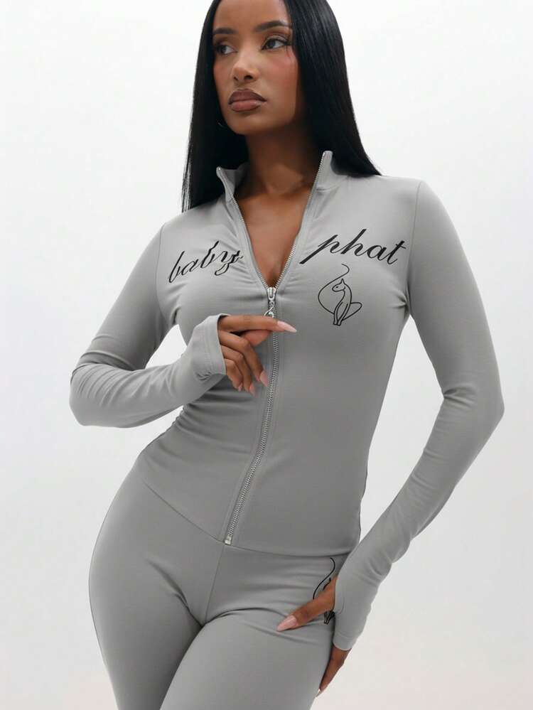 BABYPHAT Long Sleeve Zip Up Top With Script Print And Ribbed Texture For Casual Everyday Wear