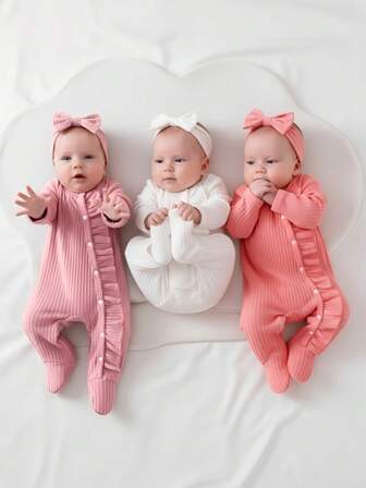3pcs/Set Newborn Solid Color Series White, Pink, Watermelon Pink Long Sleeve Romper And Headband Homesuit Set