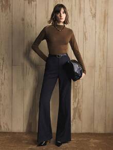 Revavyn Women's Slim Fit, Half-High Collar, Mesh Shoulder Hollow Bubble Bead Design, Daily Commuting, Long-Sleeved Knitted Bottoming Shirt Fall Clothes For Women Winter Clothes   Women's Winter Sweater - Coffee Brown - View 2