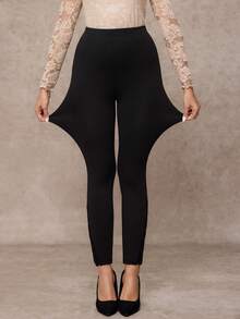 Amorya 女士休闲日常办公通勤纯色高腰撞色蕾丝打底裤 - 黑色 - 查看 5