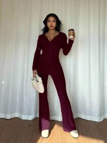 Rafferiza 2 件套女式休闲连帽运动衫，带口袋和罗纹喇叭裤套装，适合日常穿着，秋冬 - 中紫紅色 - 查看 6