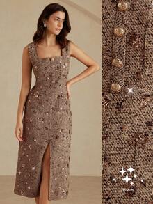 Revavyn 秋季新款女装连衣裙咖啡色粗花呢面料亮片亮片方领优雅派对约会连衣裙无袖金属纽扣装饰高端 - 咖啡棕 - 查看 1