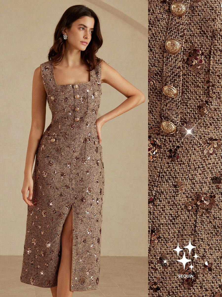 Revavyn 秋季新款女装连衣裙咖啡色粗花呢面料亮片亮片方领优雅派对约会连衣裙无袖金属纽扣装饰高端 - 咖啡棕 - 查看 1