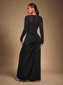 Radiana Vestido largo de manga larga negro, sexy y elegante para mujer. Vestido de gala largo ajustado con corte en V en la cintura, plisado y con inserciones de malla metálica transparente. Vestido brillante y cautivador para fiestas, con tela elástica que se ajusta a las curvas. Adecuado para citas, reuniones, fiestas, clubes, noches, Navidad, Año Nuevo, banquetes, bailes, festivales, noches de gala, bailes de graduación. - Negro - Ver 4