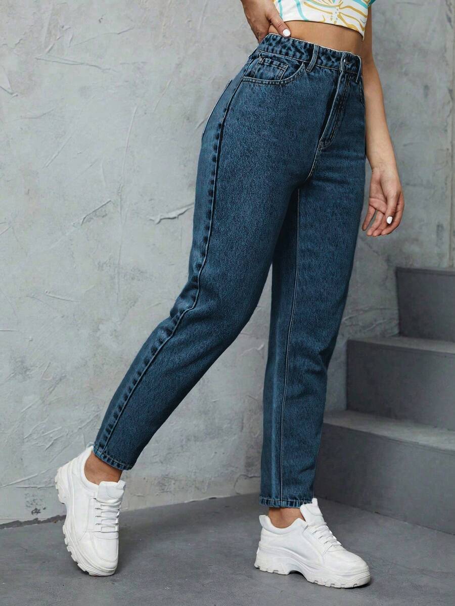 SHEIN ICON Women's Casual Versatile Denim Mom Jeans With Pockets - Dark Wash - View 1