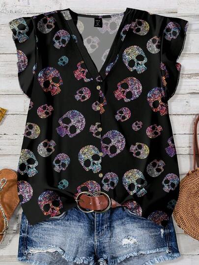 EMERY ROSE Ropa de mujer talla grande Estilo casual diario de vacaciones Blusa suelta con cuello en V rosa, mangas cortas, estampado de calavera de estilo vacacional para Halloween, ropa de verano para mujer