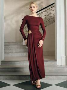 Anewsta Vestido largo de manga larga, cuello redondo y ajustado con lazo, color burdeos, nueva llegada para otoño - Burdeos - Ver 3