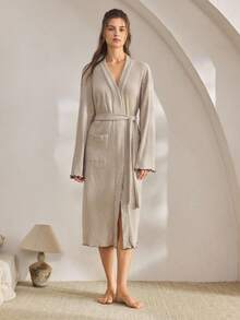 Ocili 柔软绒面系带睡袍，驼色女士睡袍，适合秋冬季节，舒适保暖 - 卡其色 - 查看 4