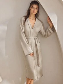 Ocili 柔软绒面系带睡袍，驼色女士睡袍，适合秋冬季节，舒适保暖 - 卡其色 - 查看 5