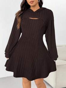SHEIN EZwear Plus Size Women's Casual Everyday Commute Simple Solid Chocolate Brown Ribbed Cropped Hoodie And Cinched Waist Sleeveless Dress Set, Spring/Autumn/Winter