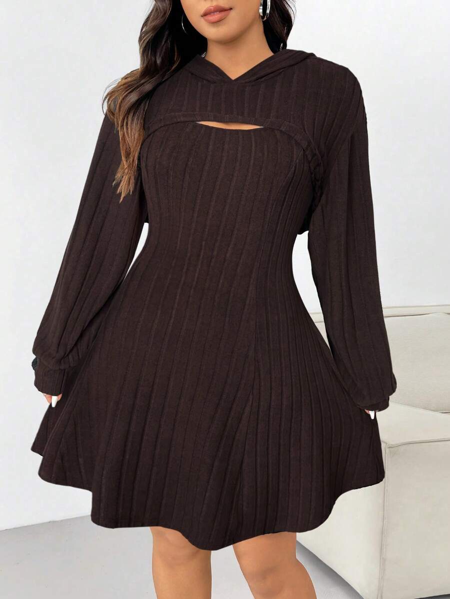 SHEIN EZwear Plus Size Women's Casual Everyday Commute Simple Solid Chocolate Brown Ribbed Cropped Hoodie And Cinched Waist Sleeveless Dress Set, Spring/Autumn/Winter