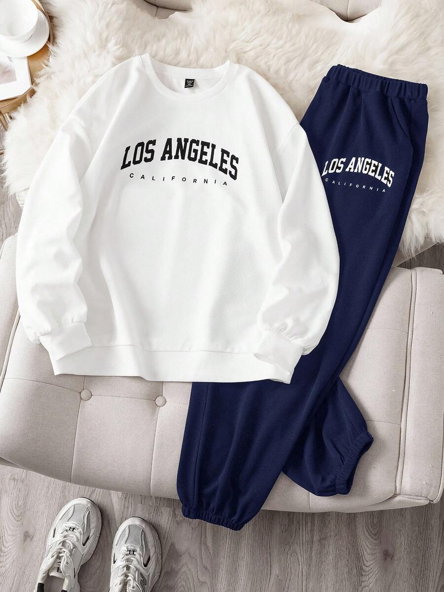 SHEIN EZwear 两件套加大码女式字母印花圆领长袖卫衣和裤子套装 - 藏蓝色 - 查看 1